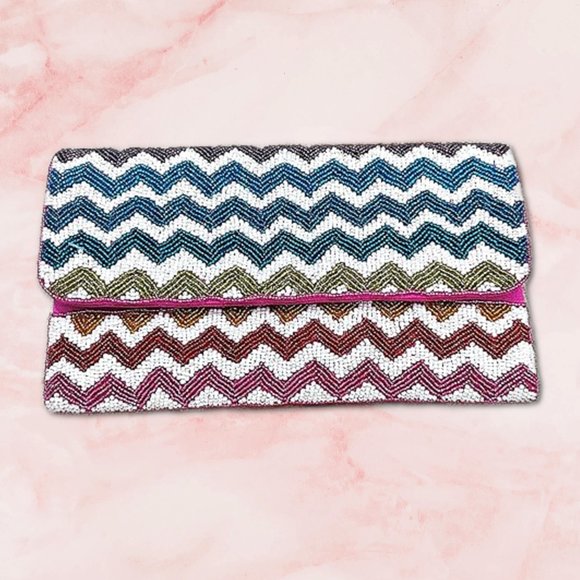 Rainbow Chevron Zig-Zag Beaded Clutch Crossbody Chain Bag Boho Handbag NEW - Picture 5 of 10